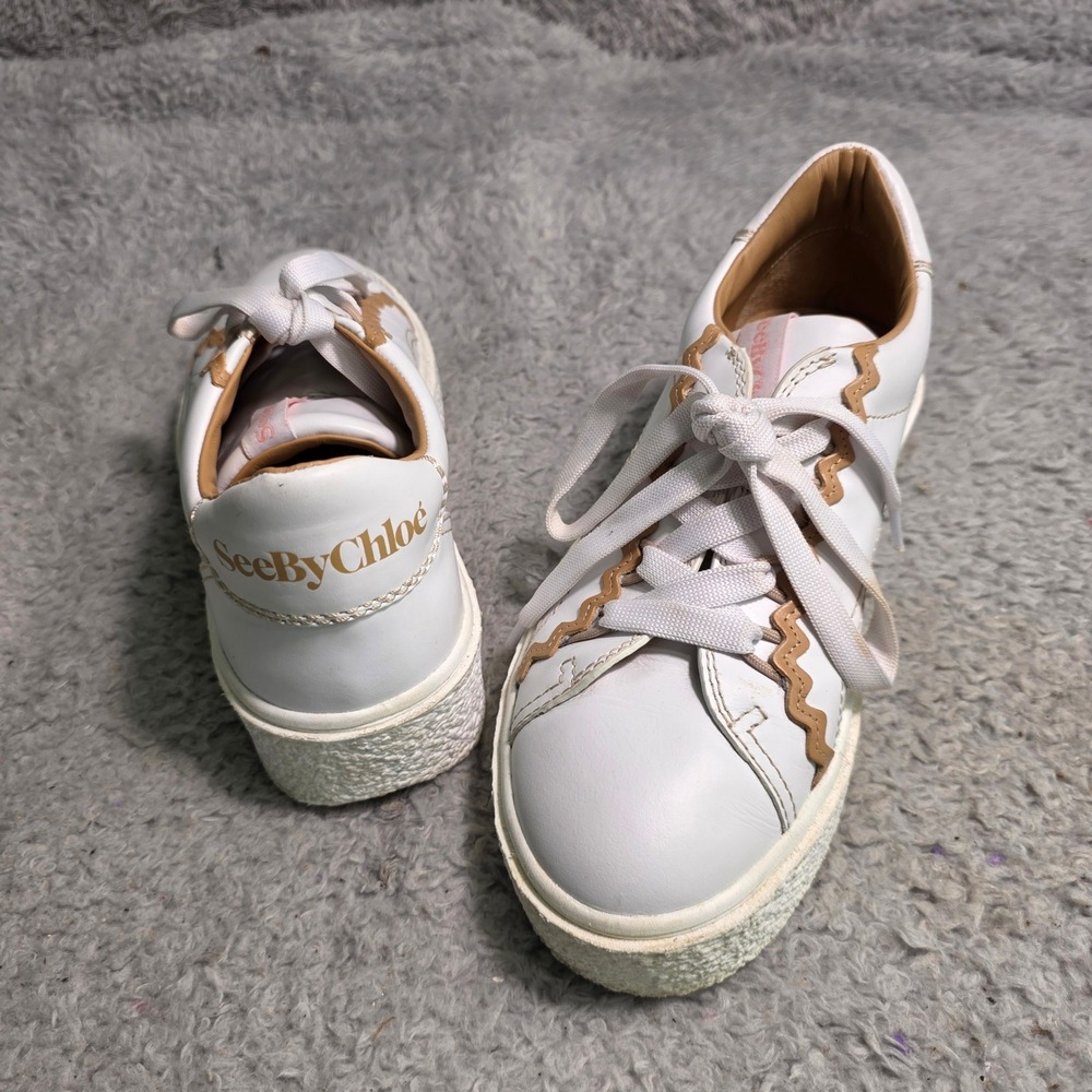 See By Chloe Sevy Scalloped Platform Sneakers White Tan Womens 37‎ 7